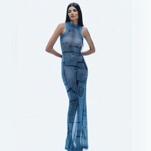 CEKETTE LONG MESH BACKLESS DRESS IN BLUE